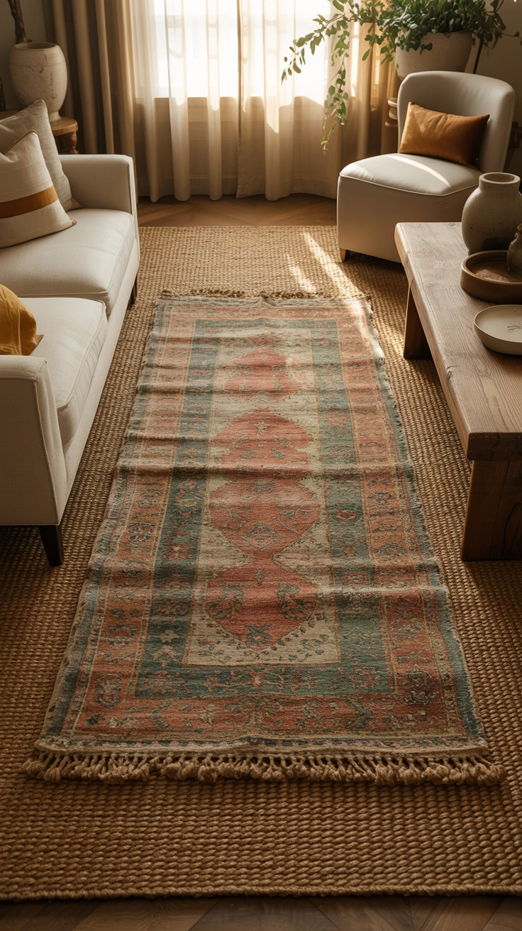 layered rugs with the top rug perfectly centered over a larger base rug