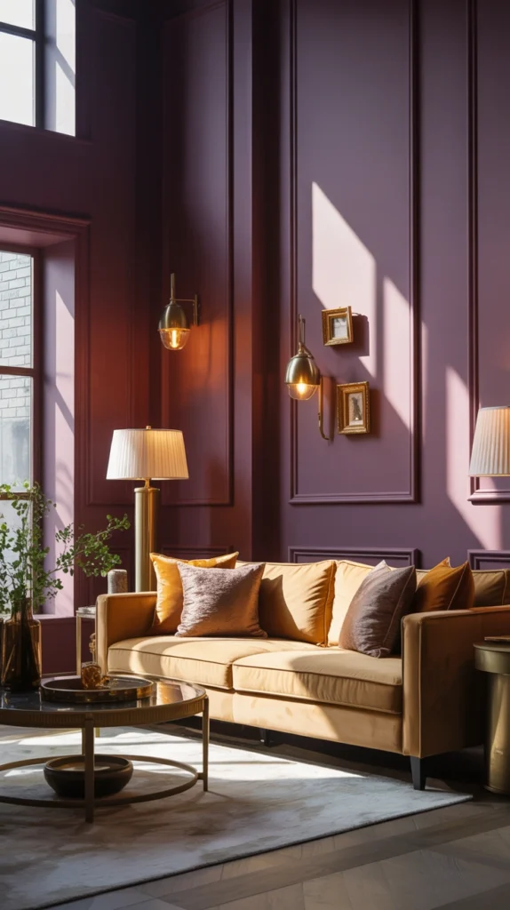  deep plum and warm cream color scheme for living room spaces