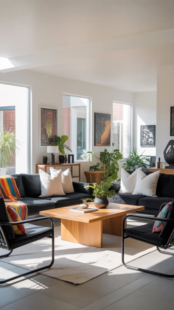 black, white, and warm wood living room palette