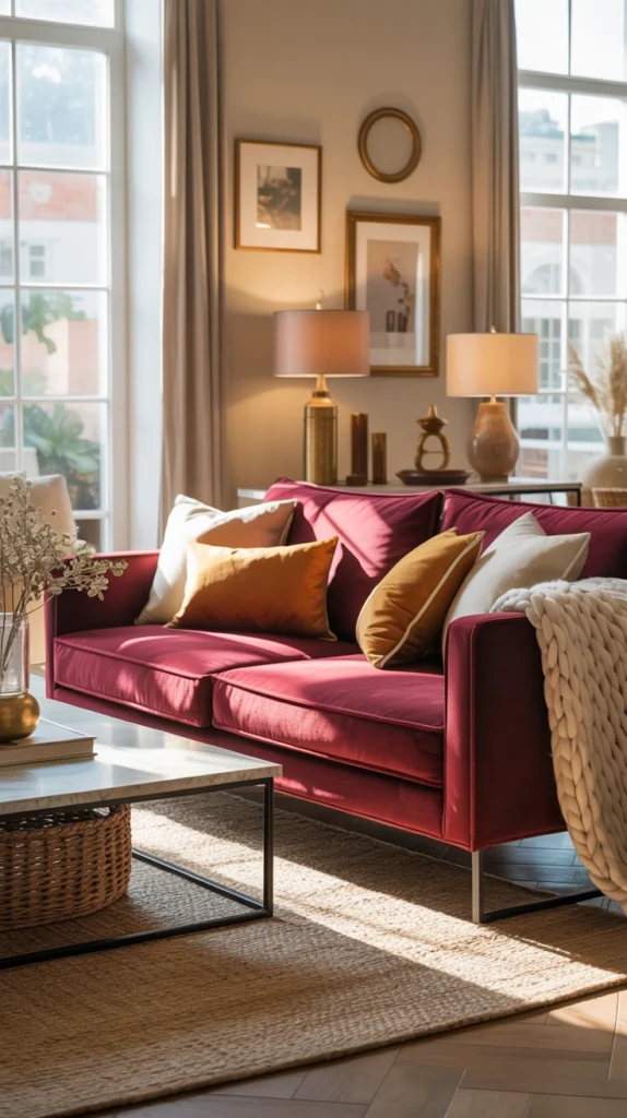 Burgundy and Warm Neutrals living room color scheme