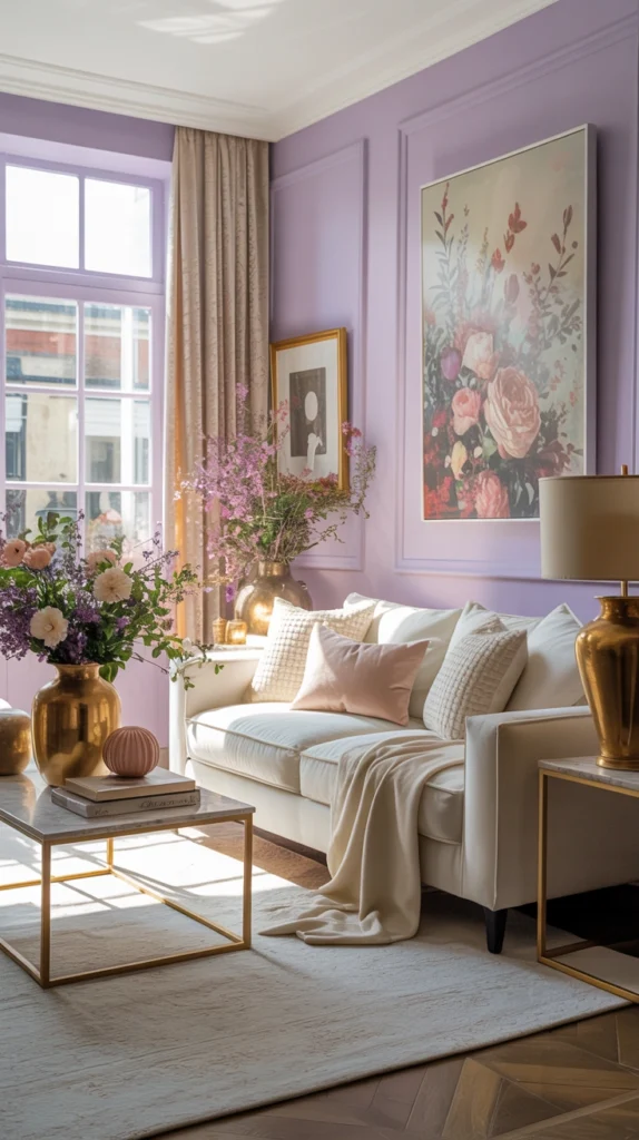 soft lavender and warm white living room color scheme