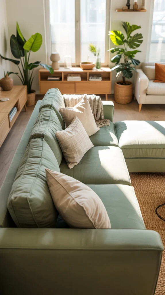Sage green and warm white living room