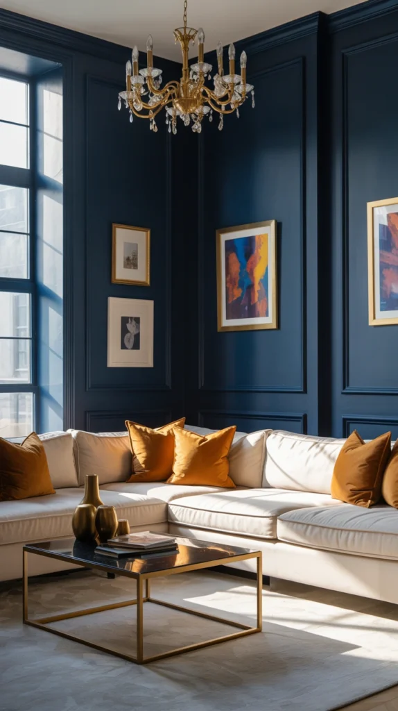 navy and gold color scheme for living room spaces