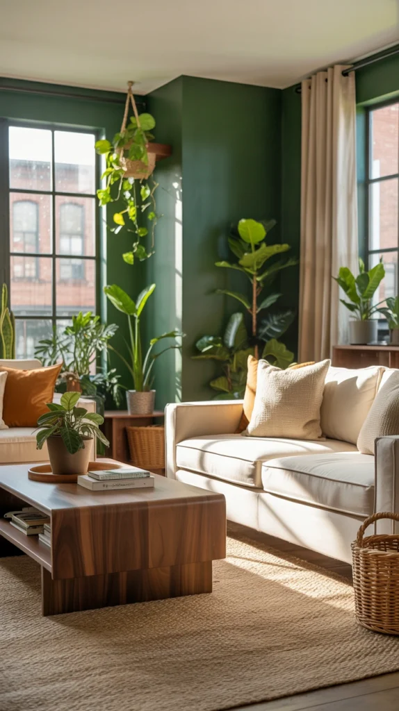 Forest green and natural wood color scheme for living room