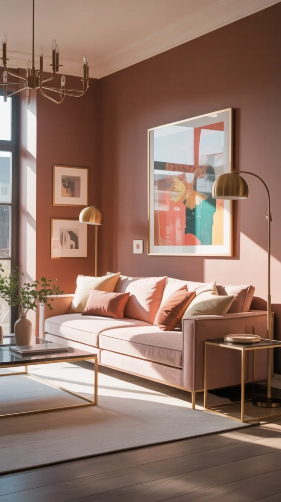 warm grey and blush pink colour scheme living room