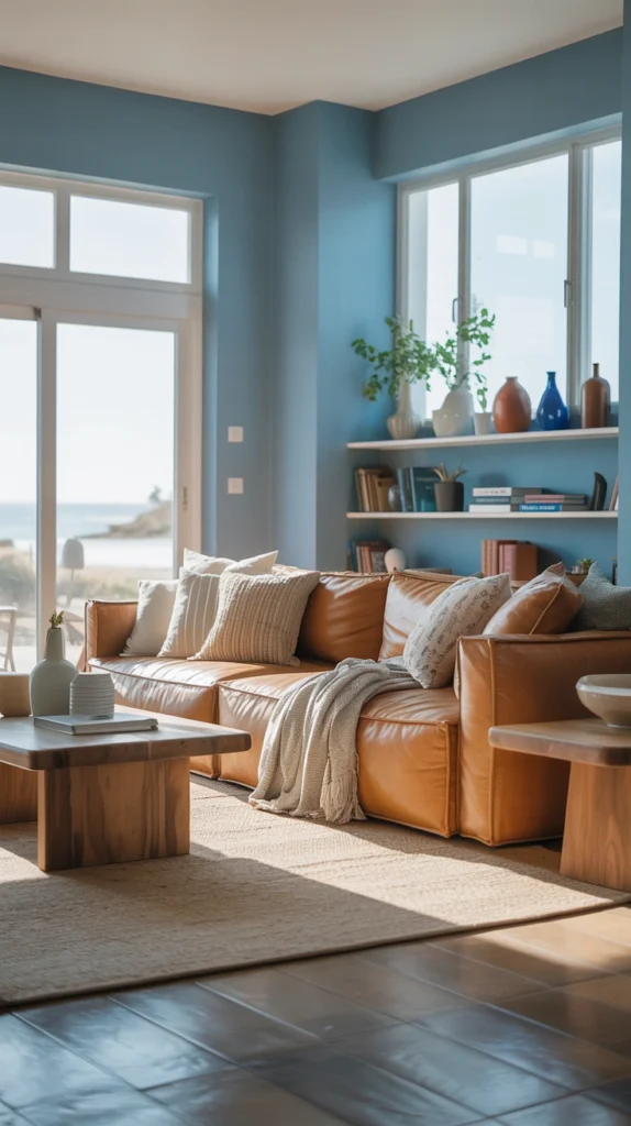 Dusty blue and sand living room palette