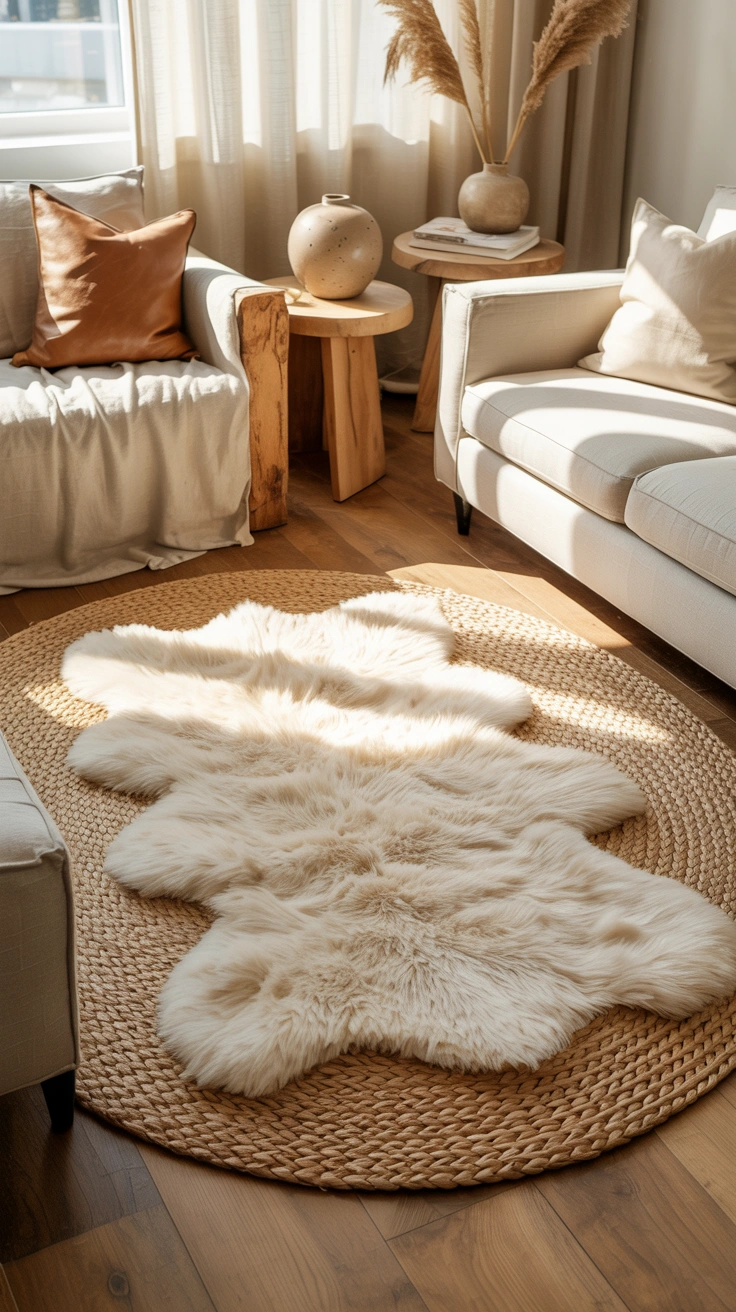 living room featuring a jute rug layered beneath a plush wool rug