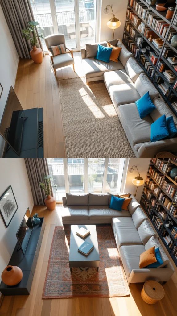beautiful living room with smart furniture layout and cozy, well-balanced design
