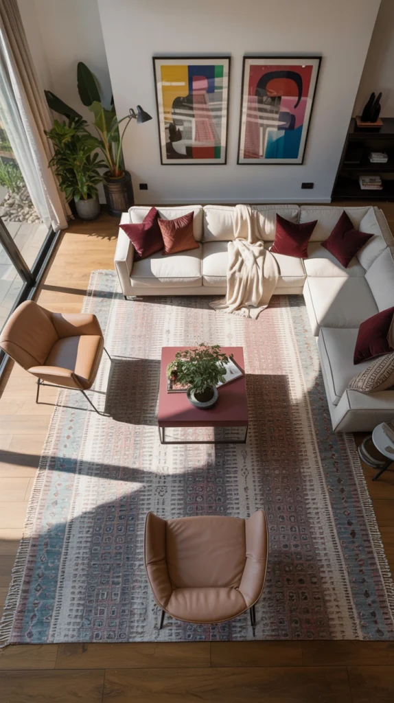 beautiful living room with smart furniture layout and cozy, well-balanced design