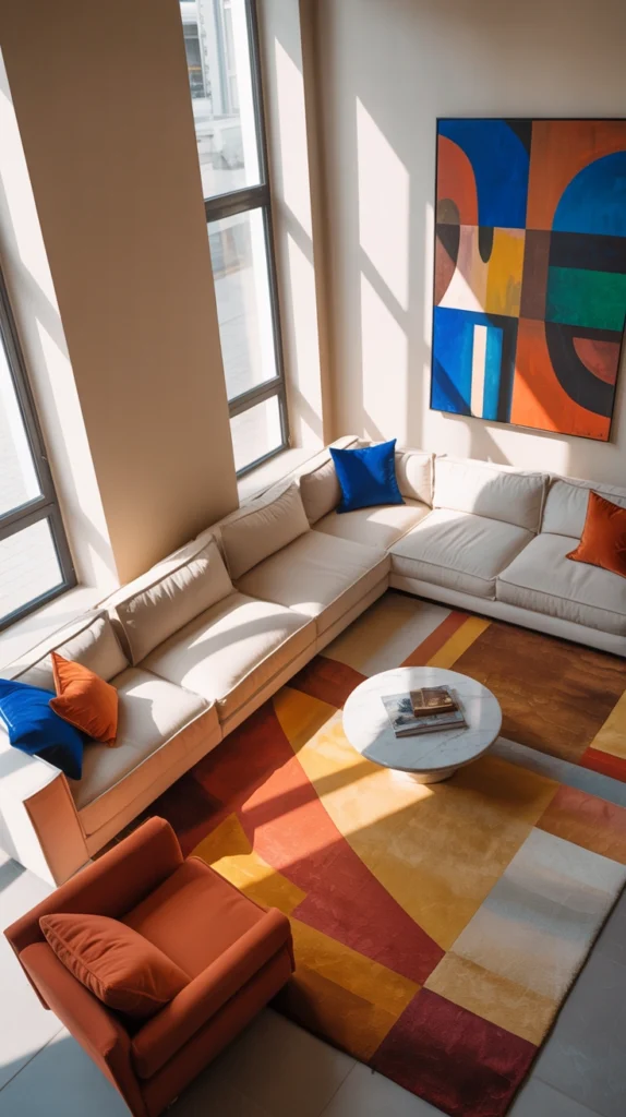 beautiful living room with smart furniture layout and cozy, well-balanced design