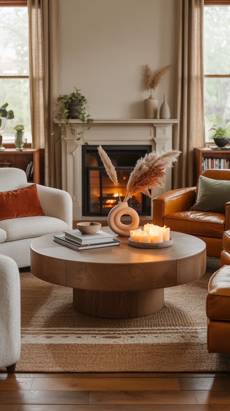 living room with a central coffee table in front of a fireplace