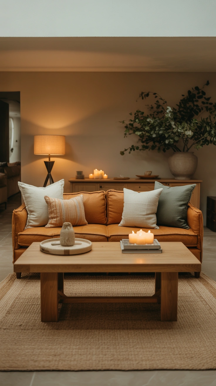 living room with a large natural jute rug beneath the furniture