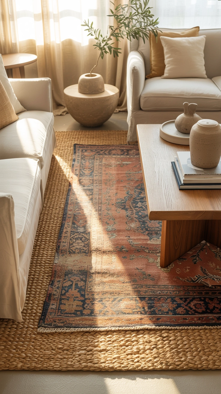 living room with a patterned vintage rug layered over a neutral base rug