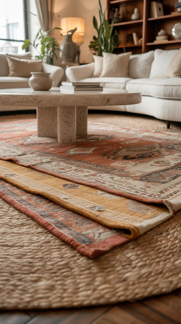 living room with a vintage rug placed diagonally over a jute rug