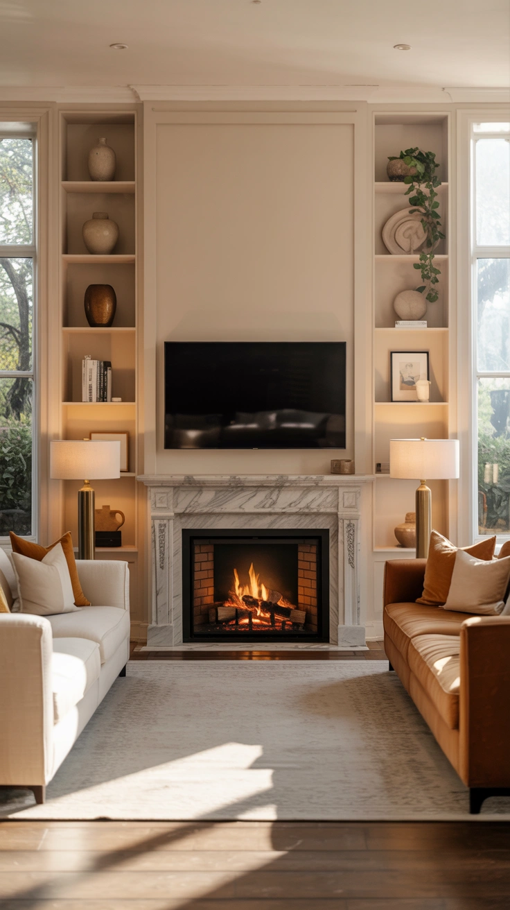 living room with fireplace and television arranged harmoniously