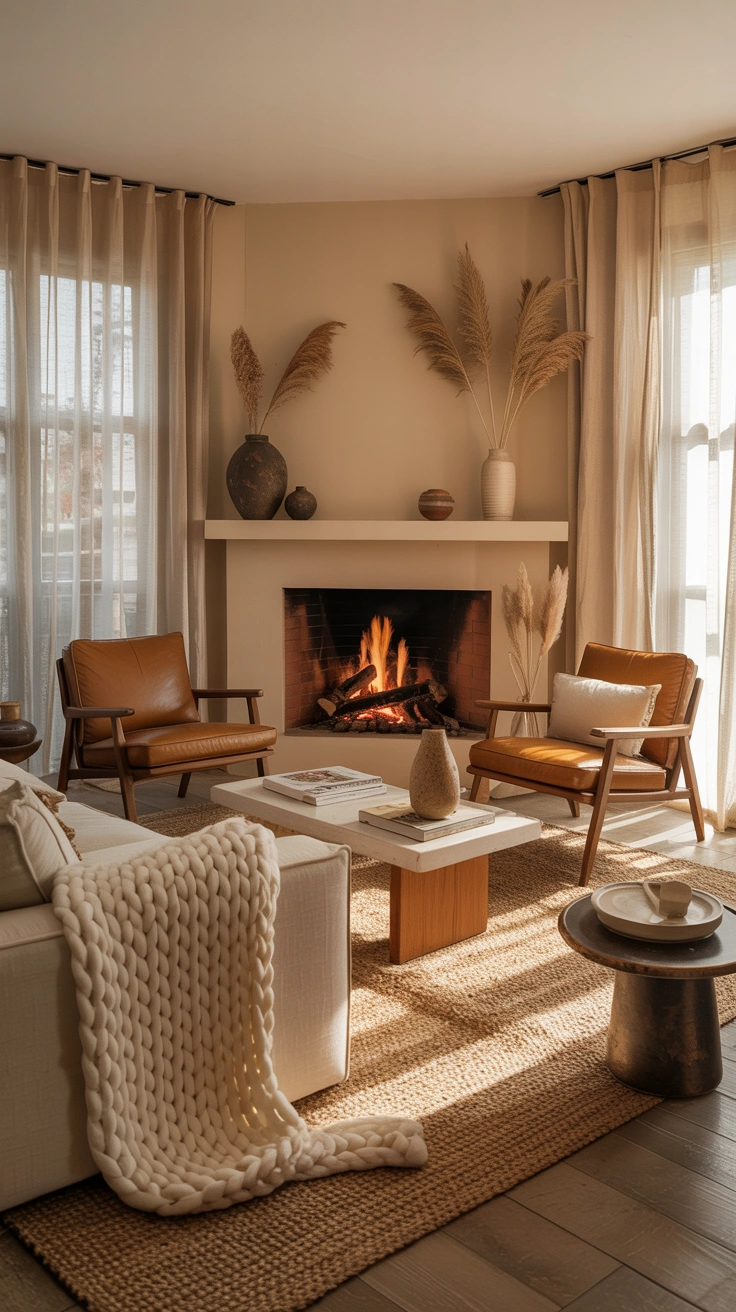 living room with furniture angled toward a corner fireplace