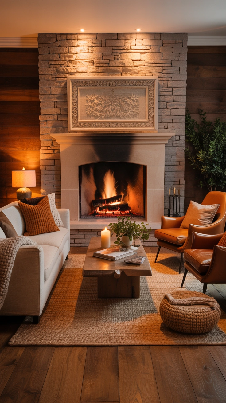 living room with furniture arranged directly around a fireplace