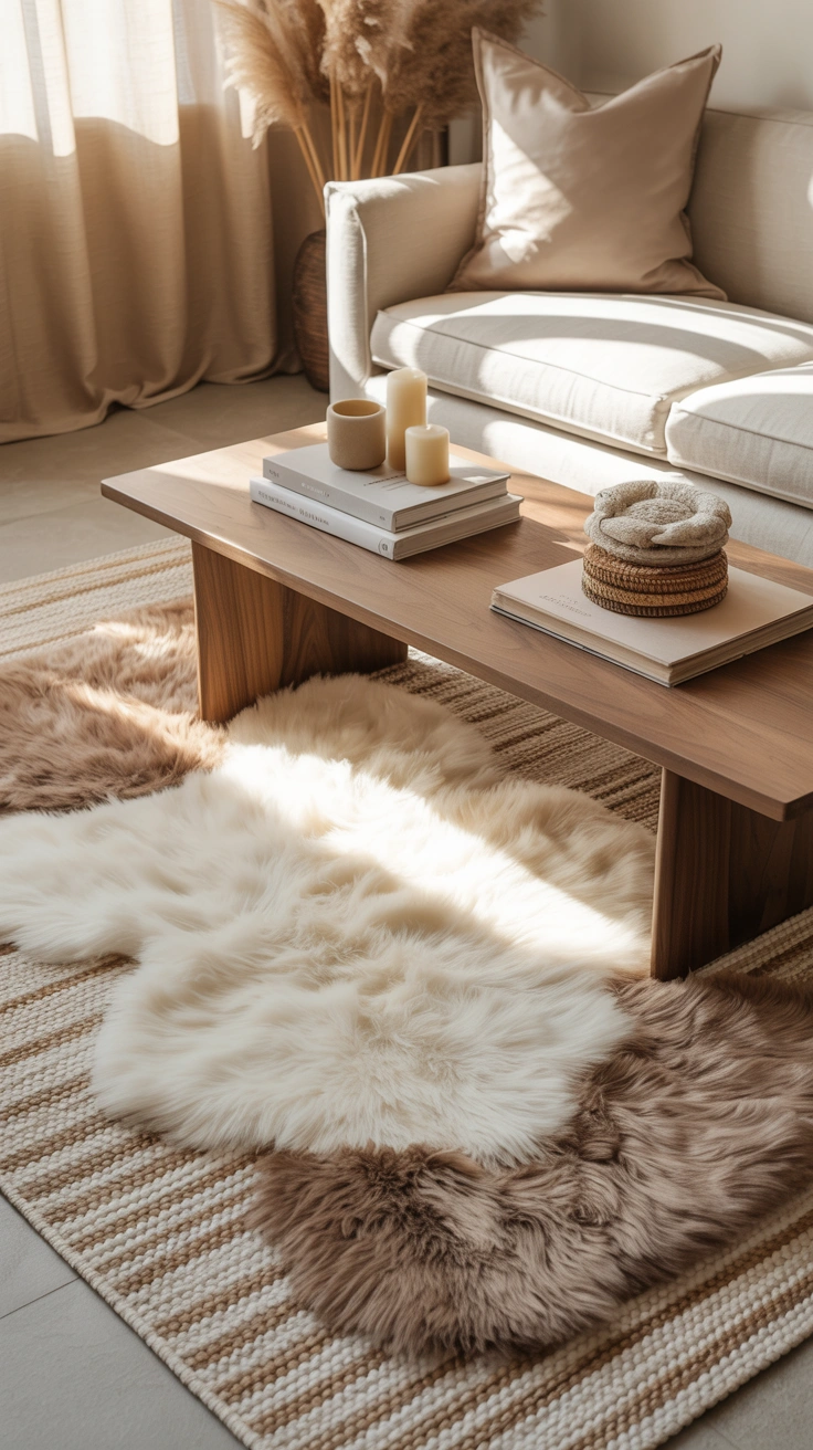 living room with perfectly flat layered rugs beneath the furniture