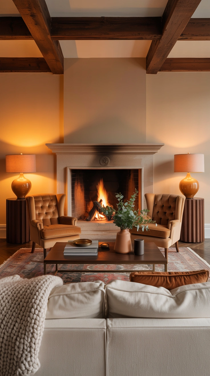 living room with side tables and lamps around fireplace seating