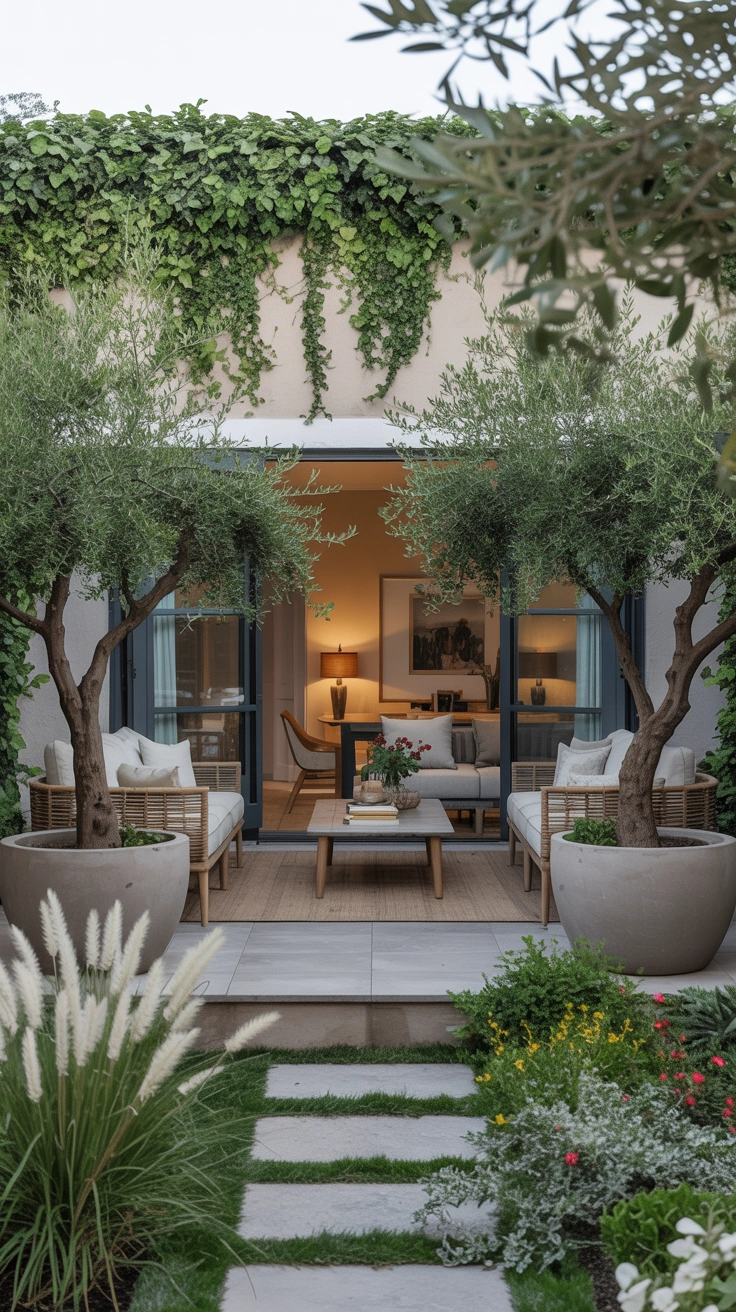 lush outdoor living room surrounded by layered greenery