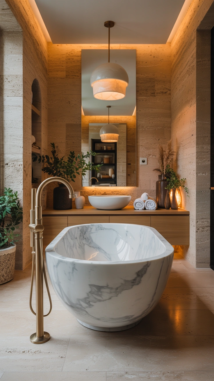 luxurious bathroom centered around a sculptural freestanding soaking tub