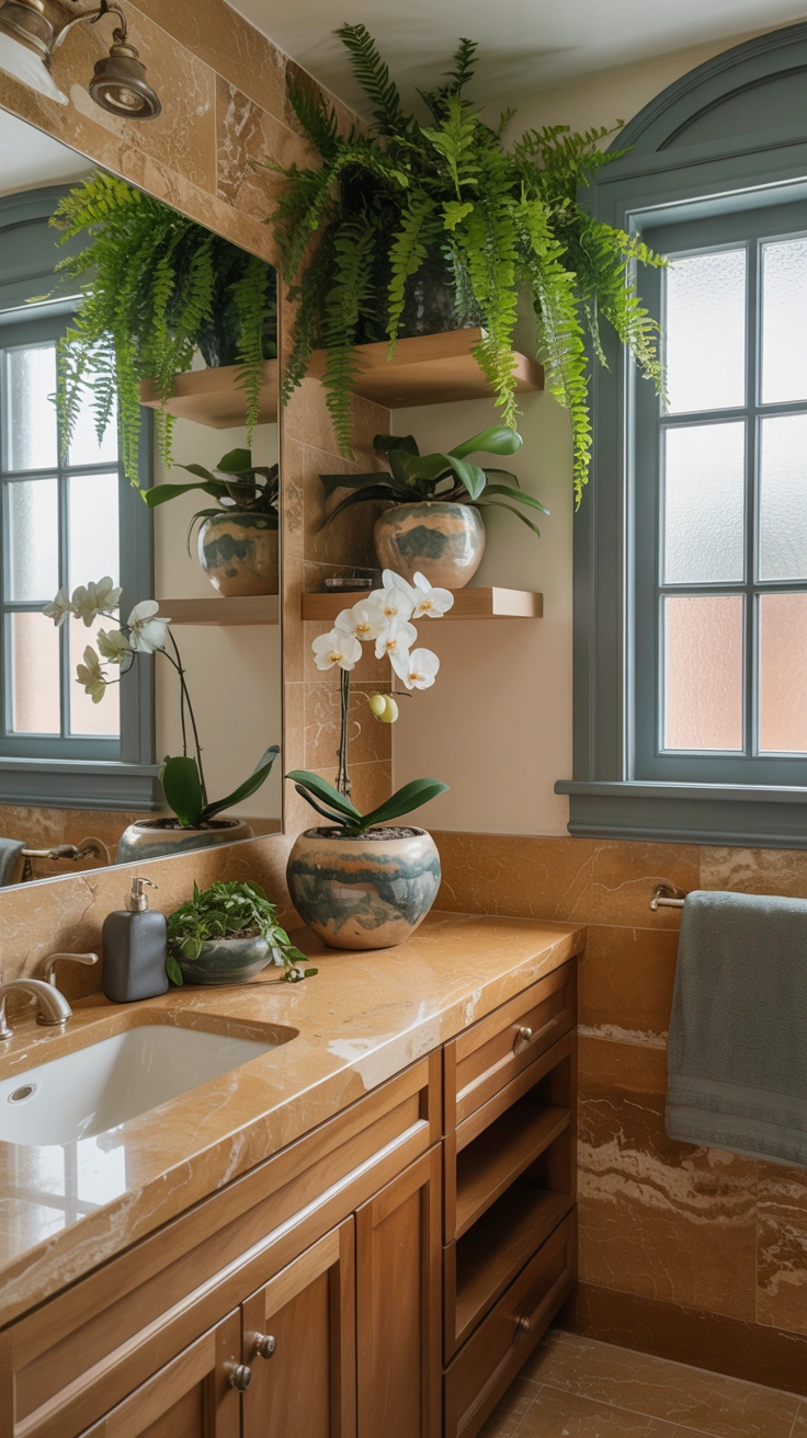 luxurious bathroom decorated with ferns and orchids in ceramic pots