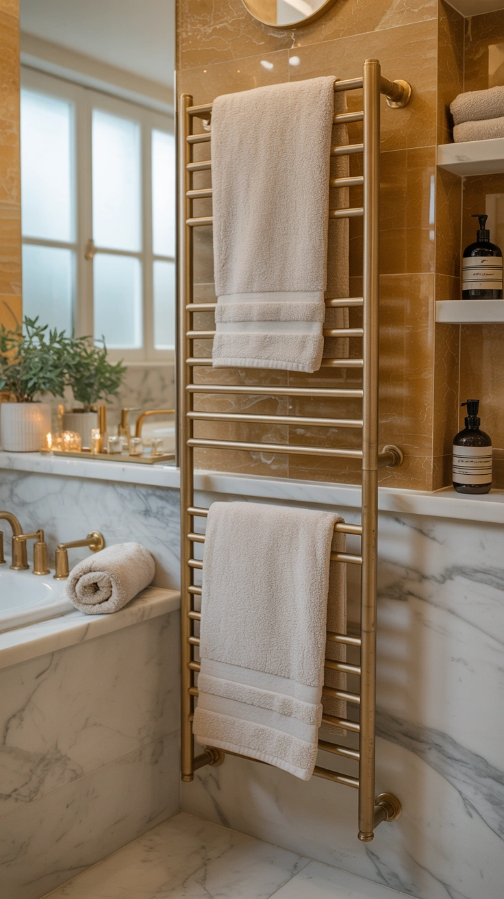 luxurious bathroom with a heated brass towel rail and folded ivory towels
