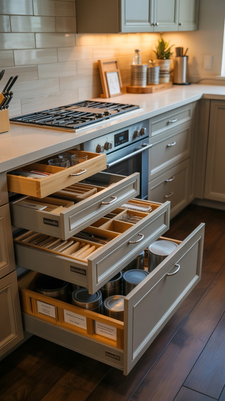 luxury organized kitchen drawers with matching bamboo organizers