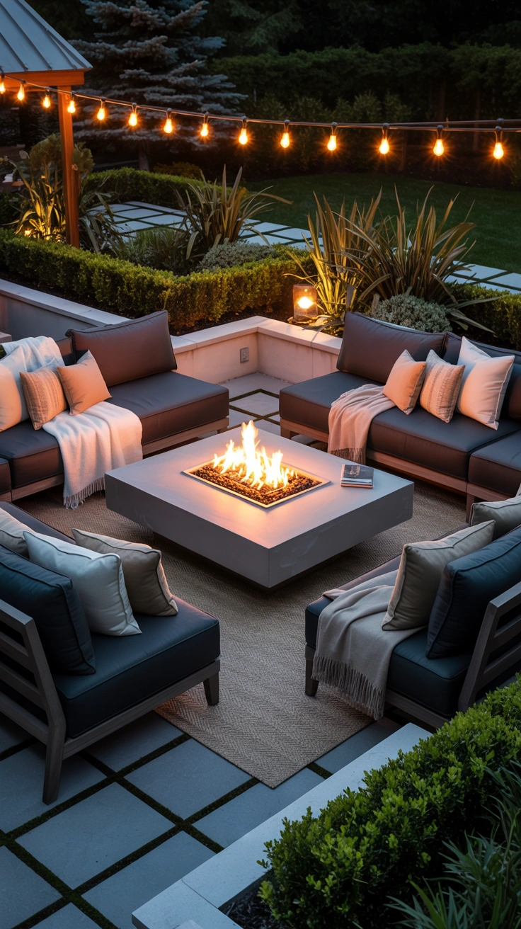 luxury outdoor lounge with a modern fire table