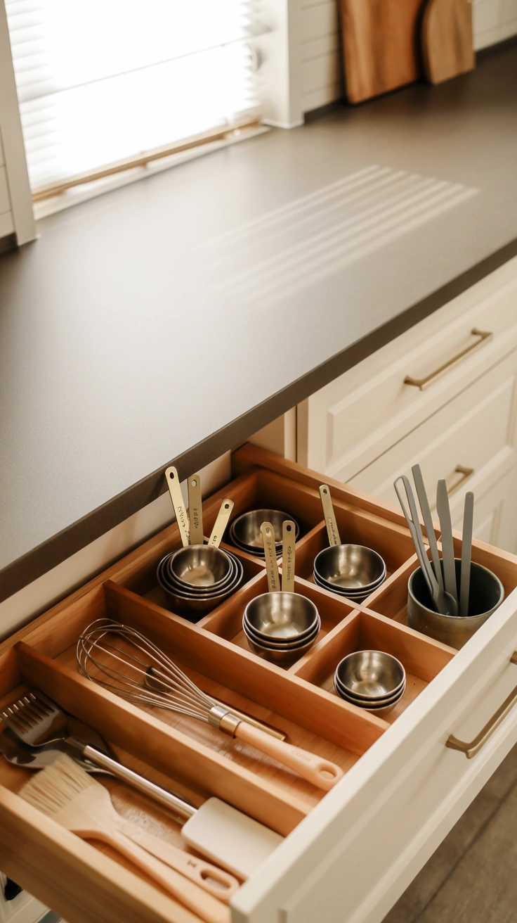measuring cups and spoons clipped together inside a kitchen drawer