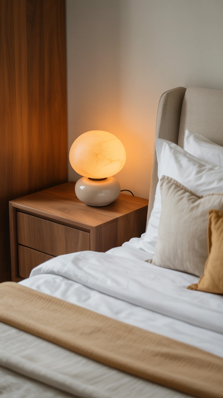 minimal bedside table with only a lamp and clean surface