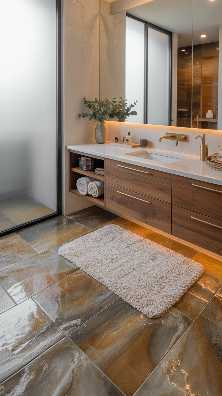 modern bathroom with oversized stone-look floor tiles and seamless finishes