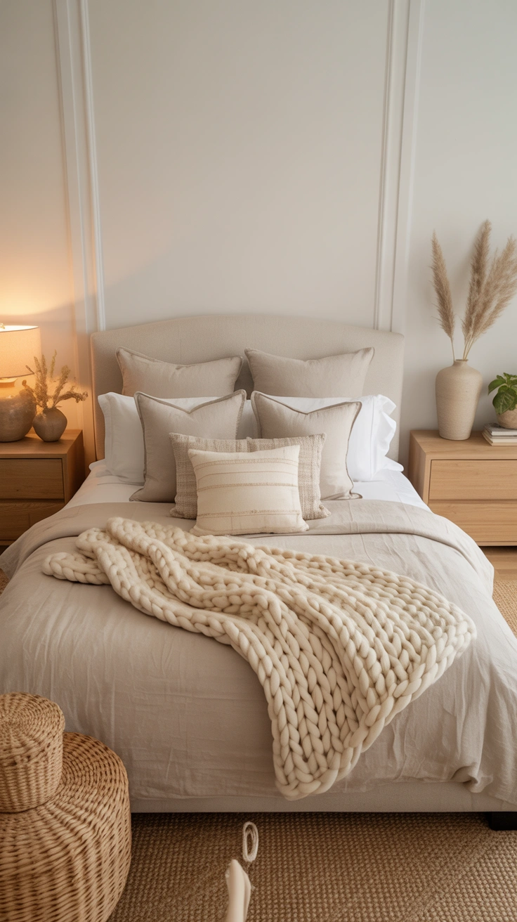 neutral bedroom with layered textures, elegant furnishings and a warm, calming atmosphere