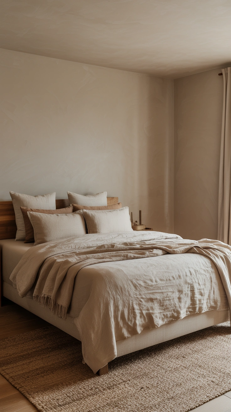 neutral bedroom with layered textures, elegant furnishings and a warm, calming atmosphere