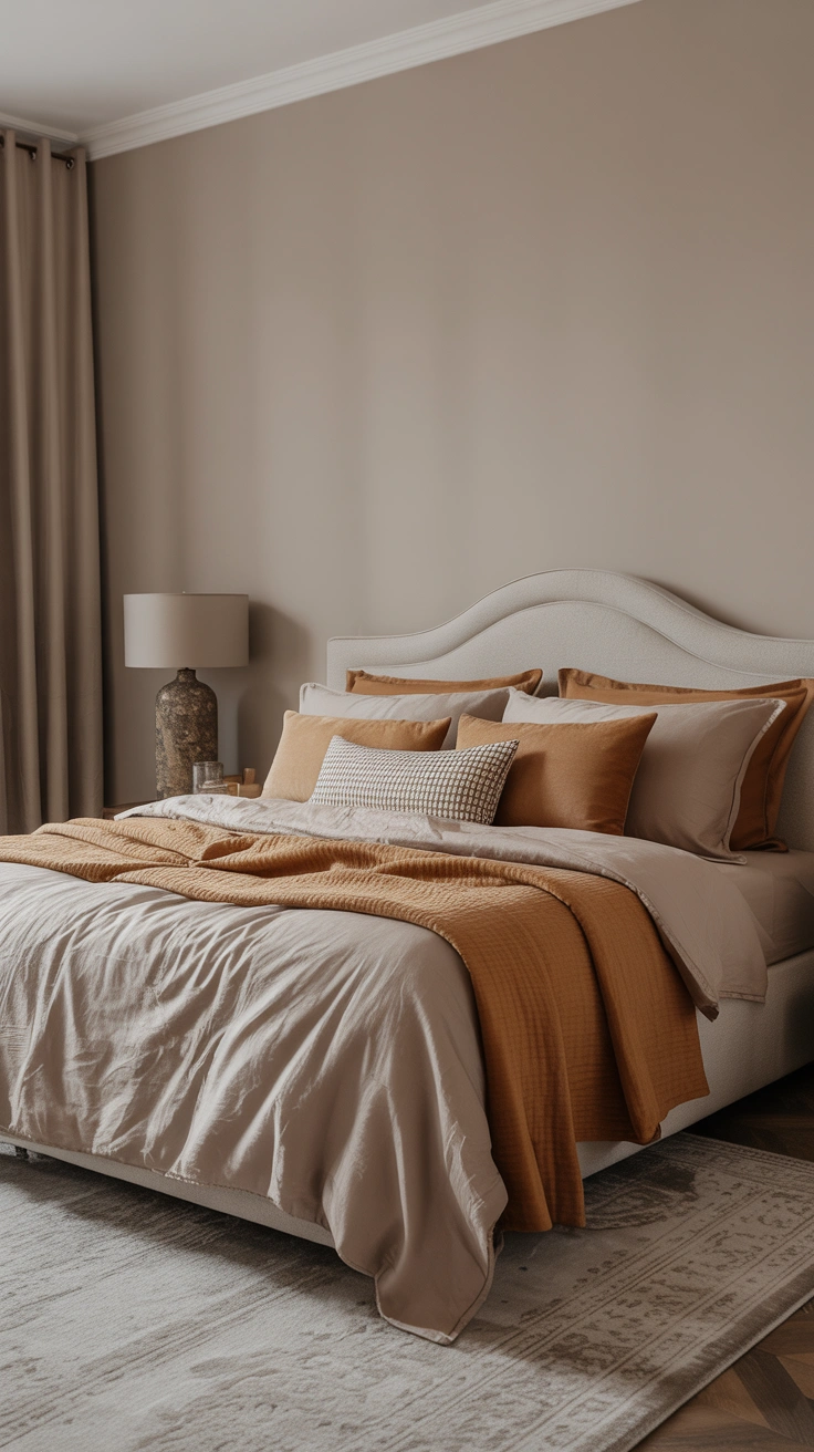 neutral bedroom with layered textures, elegant furnishings and a warm, calming atmosphere