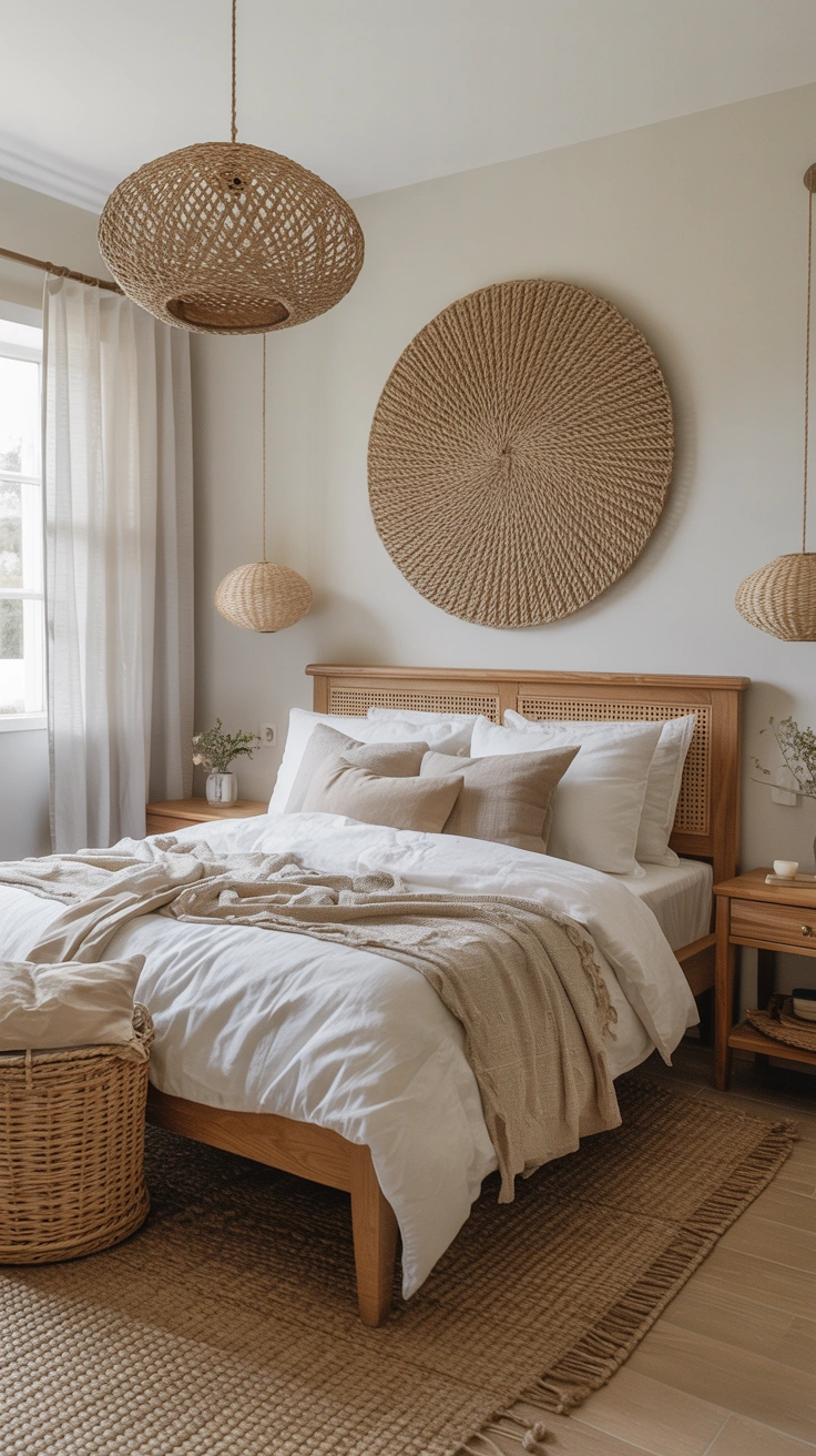 neutral bedroom with layered textures, elegant furnishings and a warm, calming atmosphere