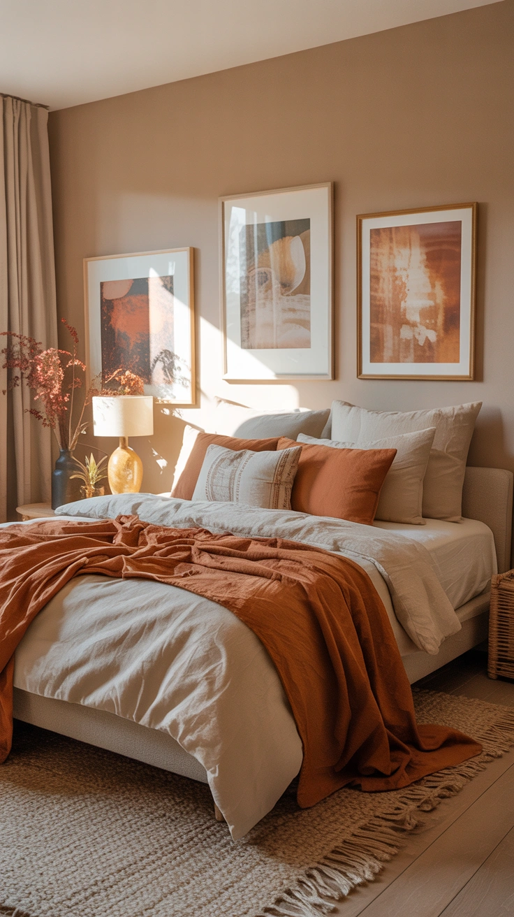 neutral bedroom with layered textures, elegant furnishings and a warm, calming atmosphere