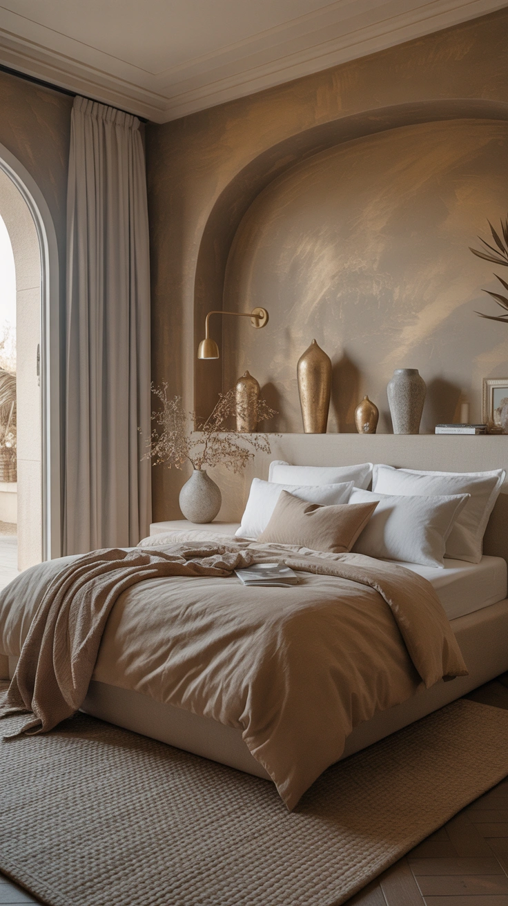 neutral bedroom with layered textures, elegant furnishings and a warm, calming atmosphere