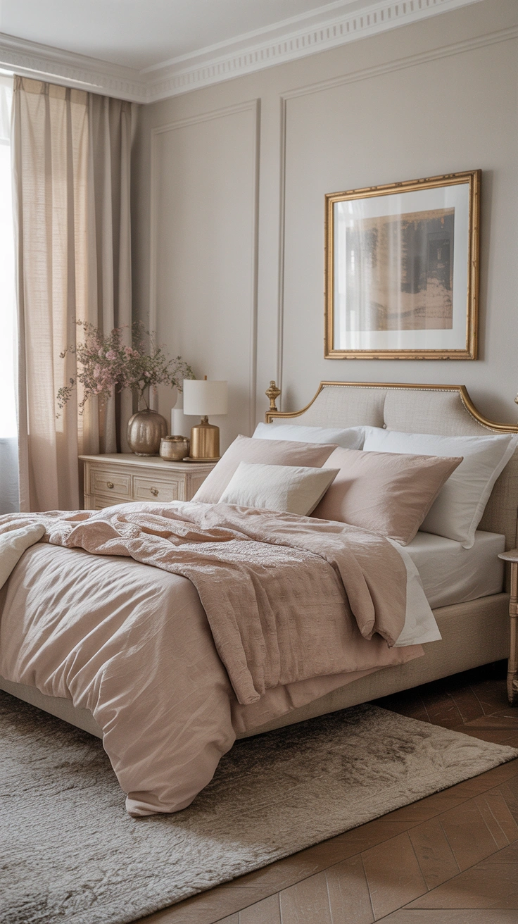 neutral bedroom with layered textures, elegant furnishings and a warm, calming atmosphere