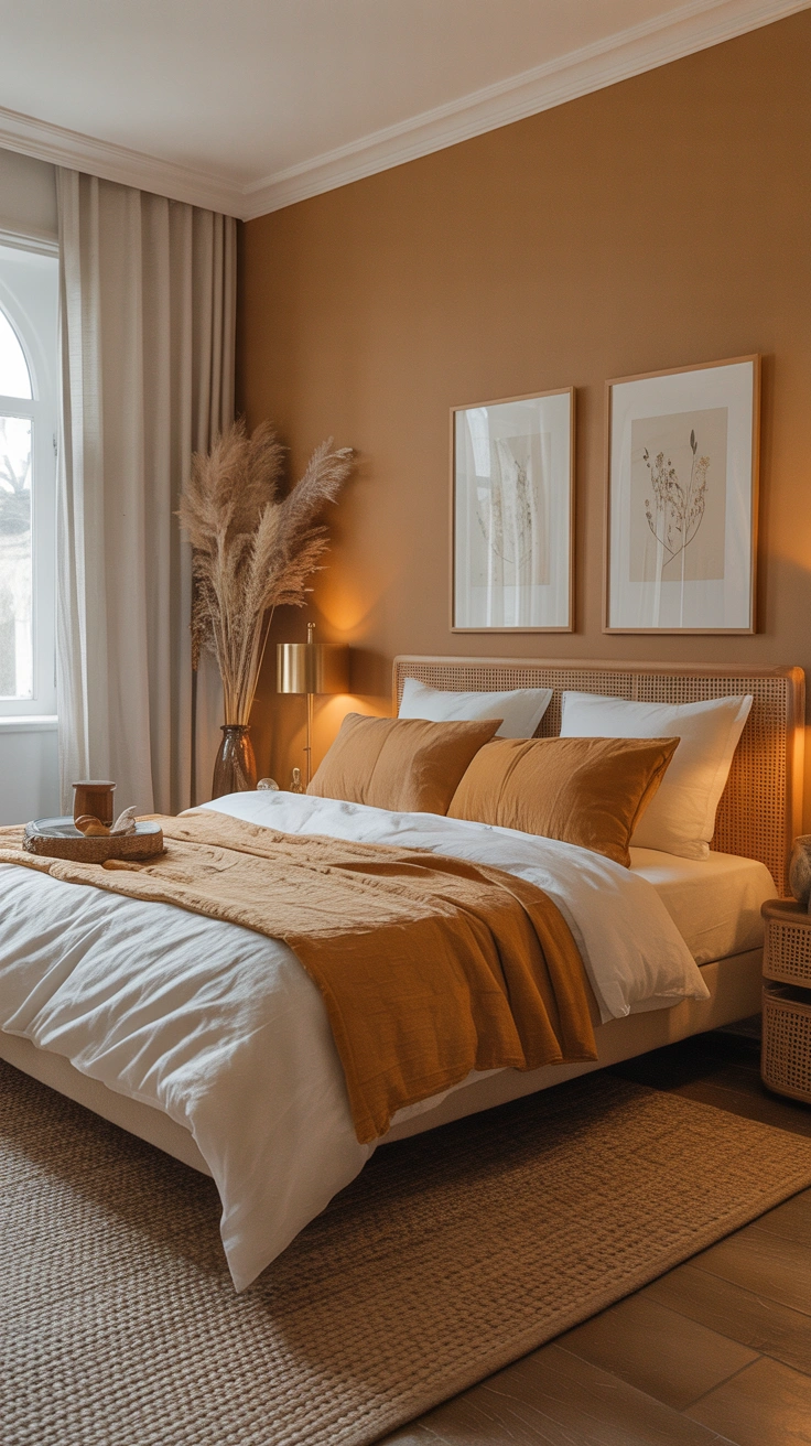 neutral bedroom with layered textures, elegant furnishings and a warm, calming atmosphere