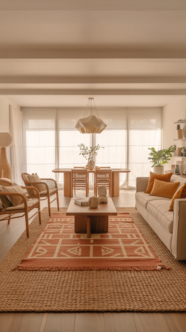 open-plan living room using layered rugs to define the seating area