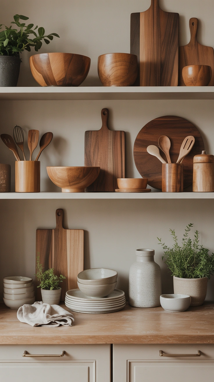 open shelves featuring repeated wood accents and accessories