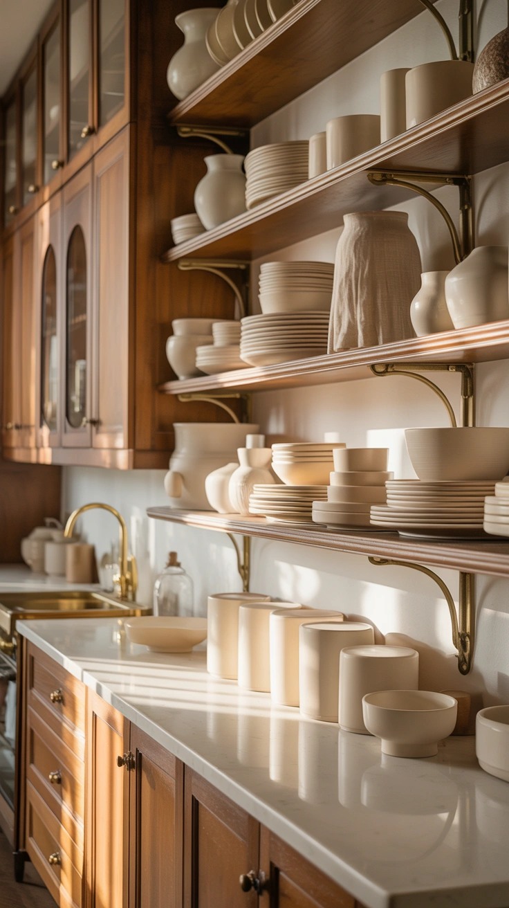 open shelves styled with tall vases, bowls and stacked dishes