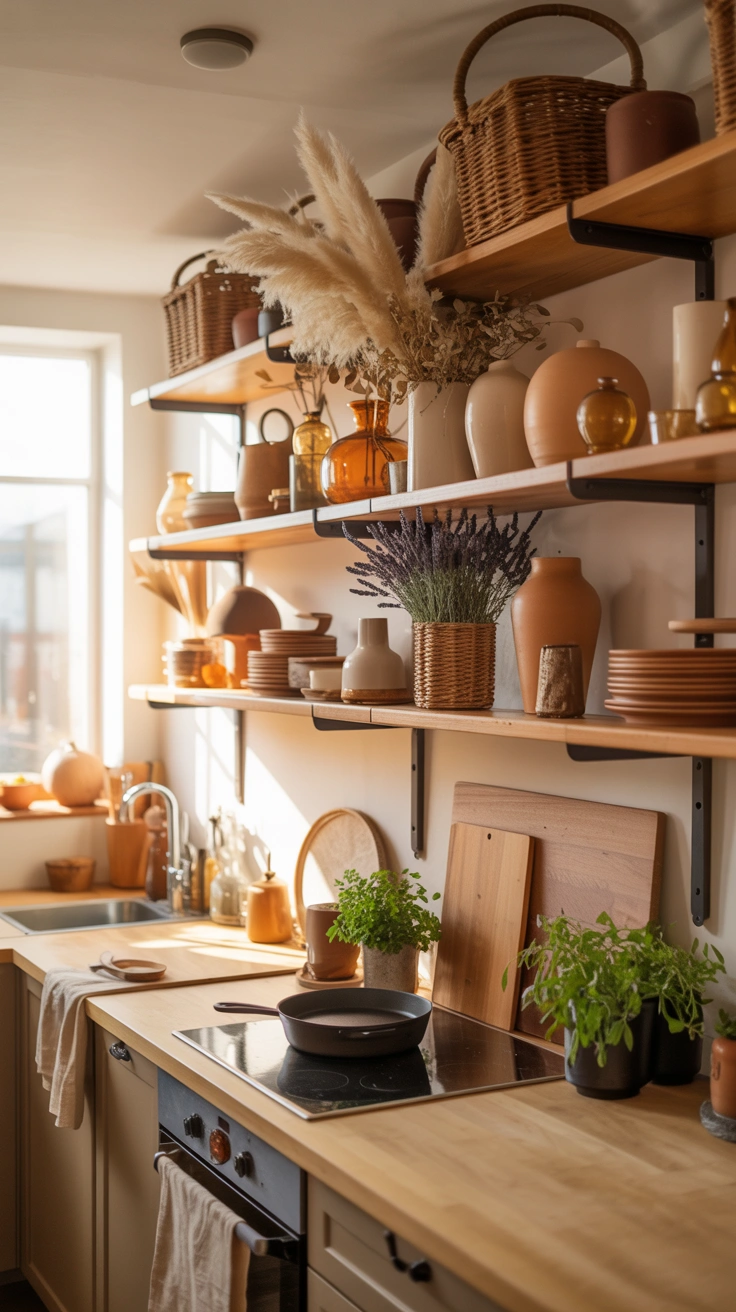 open shelves styled with seasonal decor and natural accents