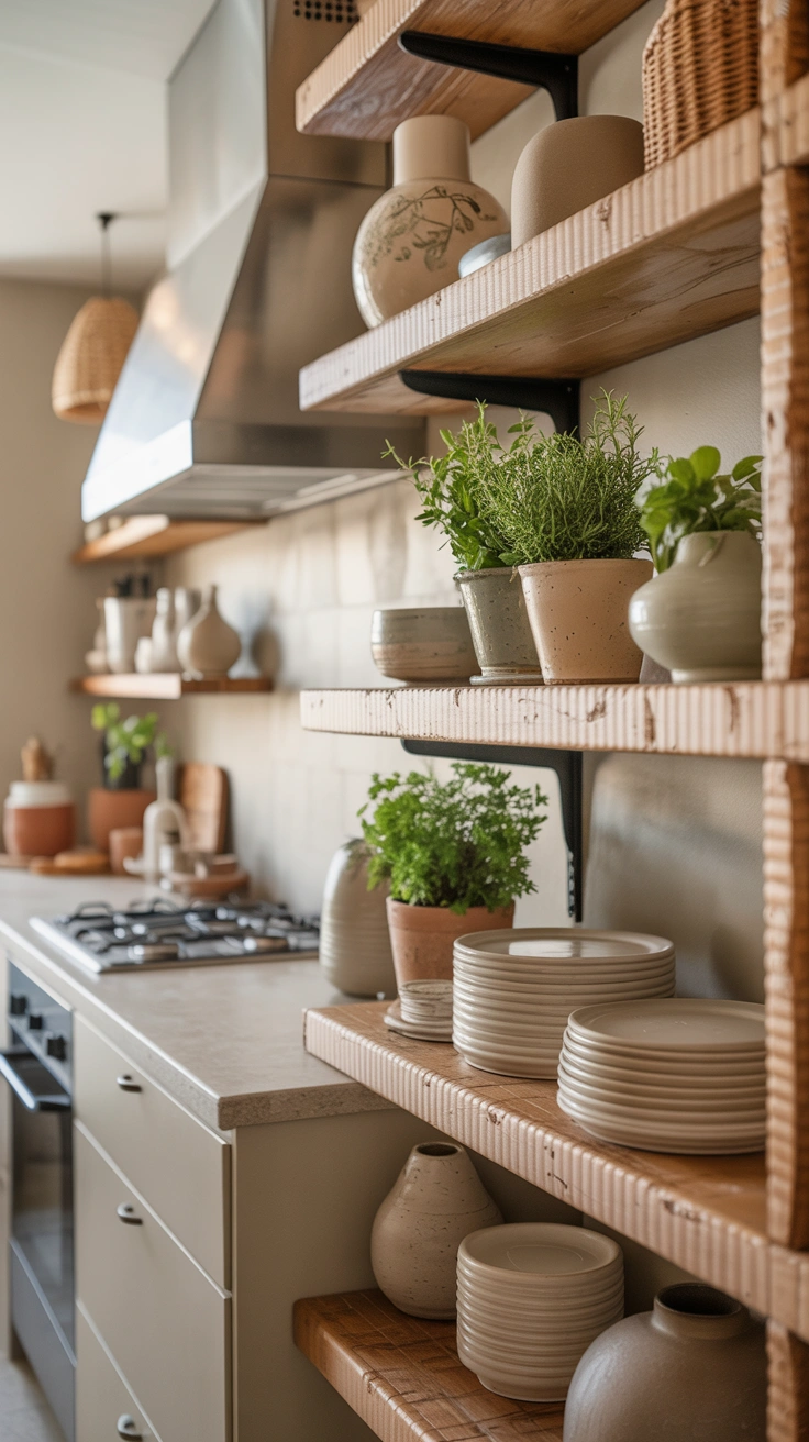 open shelves with decorative groupings of three objects