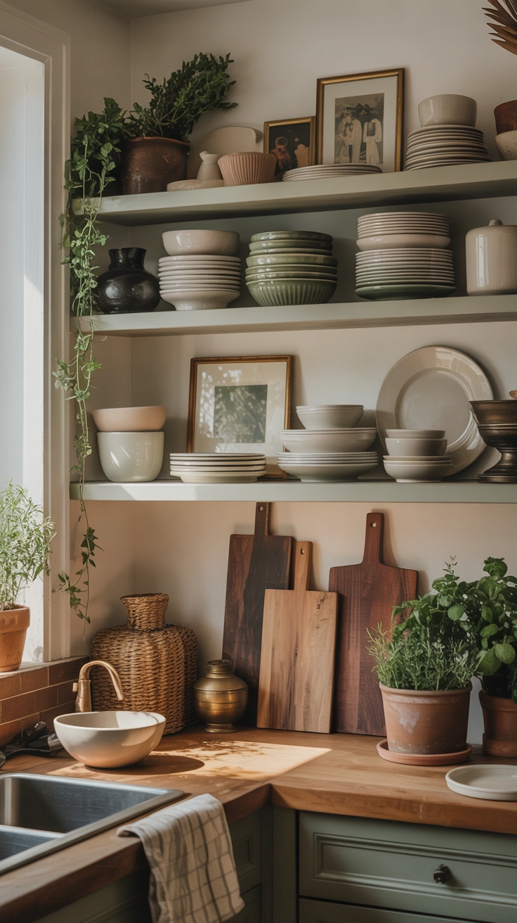 open shelves with leaning cutting boards and stacked plates