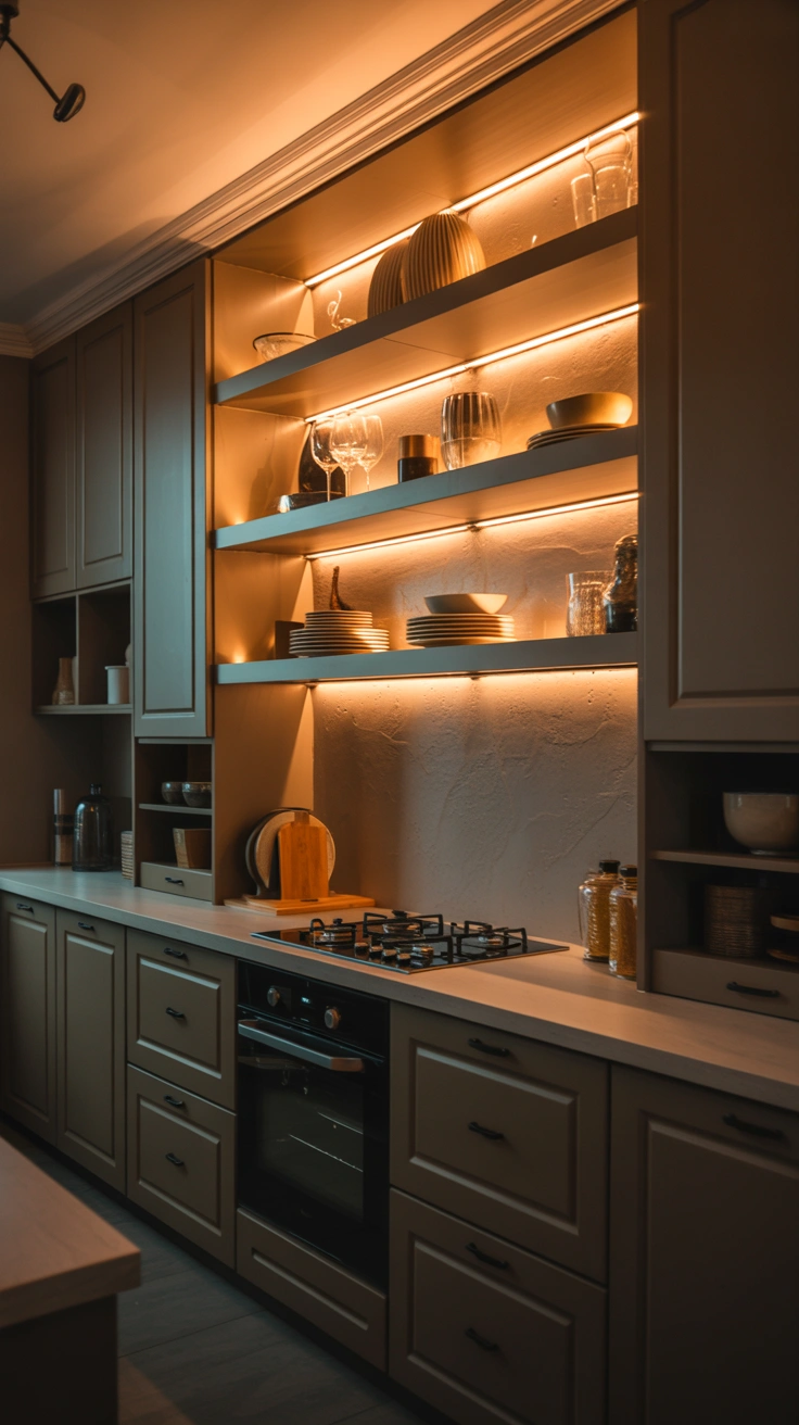 beautiful kitchen with stylish open shelves, thoughtfully arranged decor and warm modern details