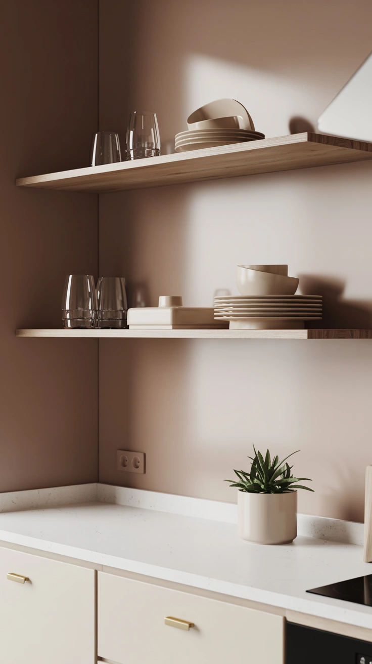 beautiful kitchen with stylish open shelves, thoughtfully arranged decor and warm modern details
