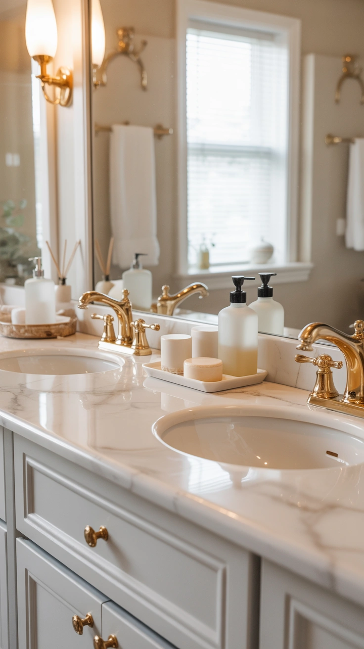 organized bathroom vanity with matching frosted glass dispensers