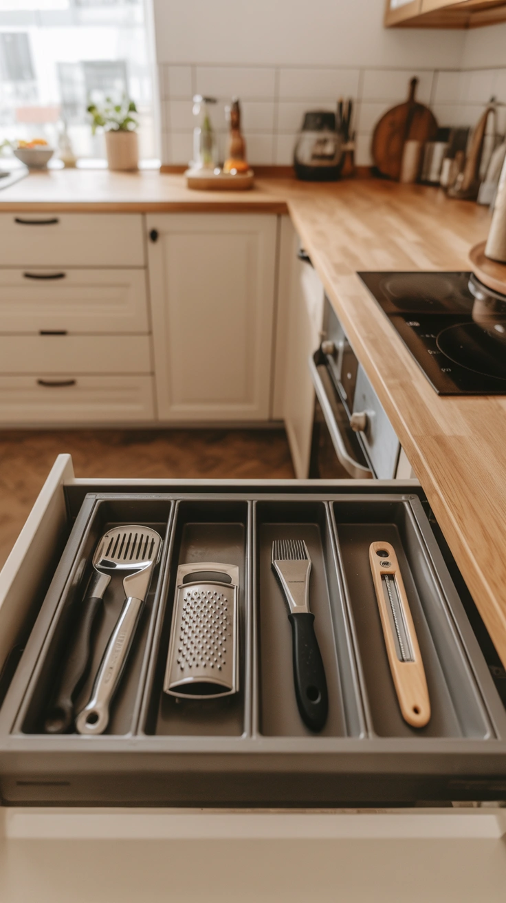 organized gadget drawer with essential kitchen tools only